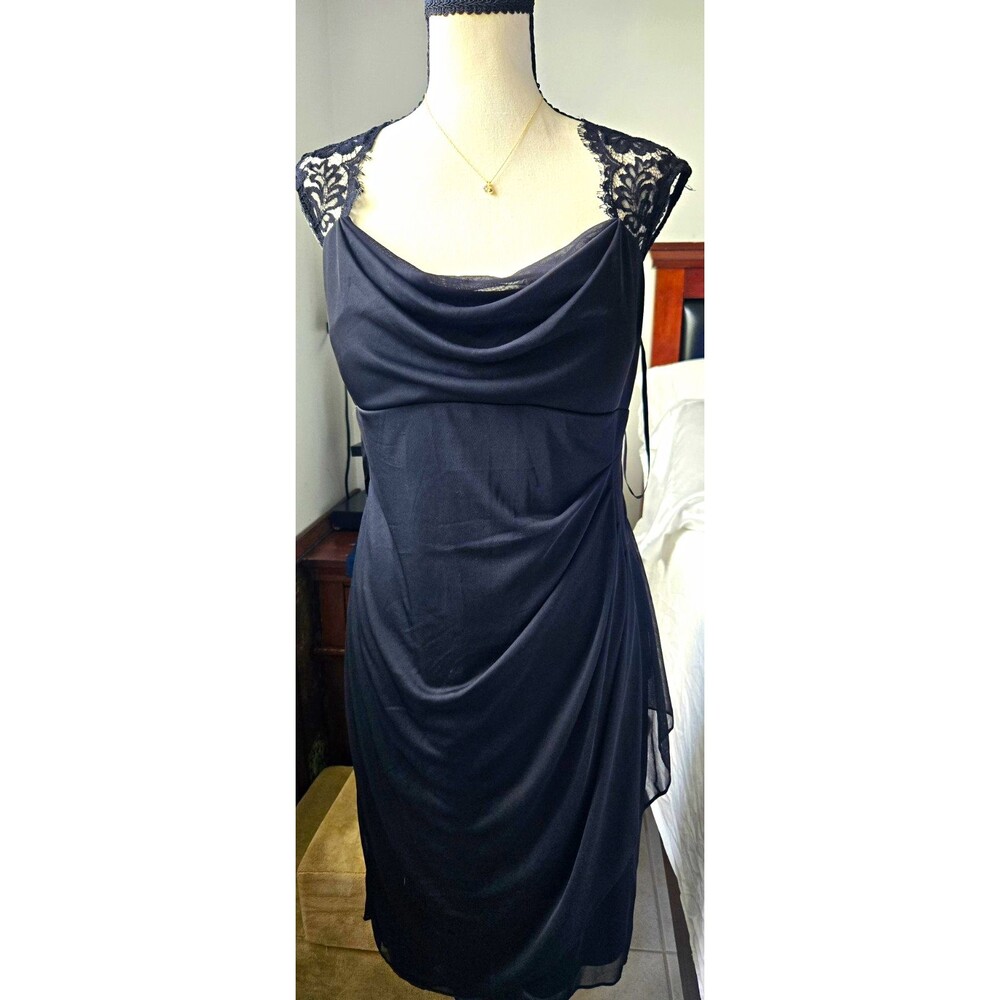 Xscape Black Lace Yoke Ruched Cowl Neck Sleeveless Bodycon Dress Size 12